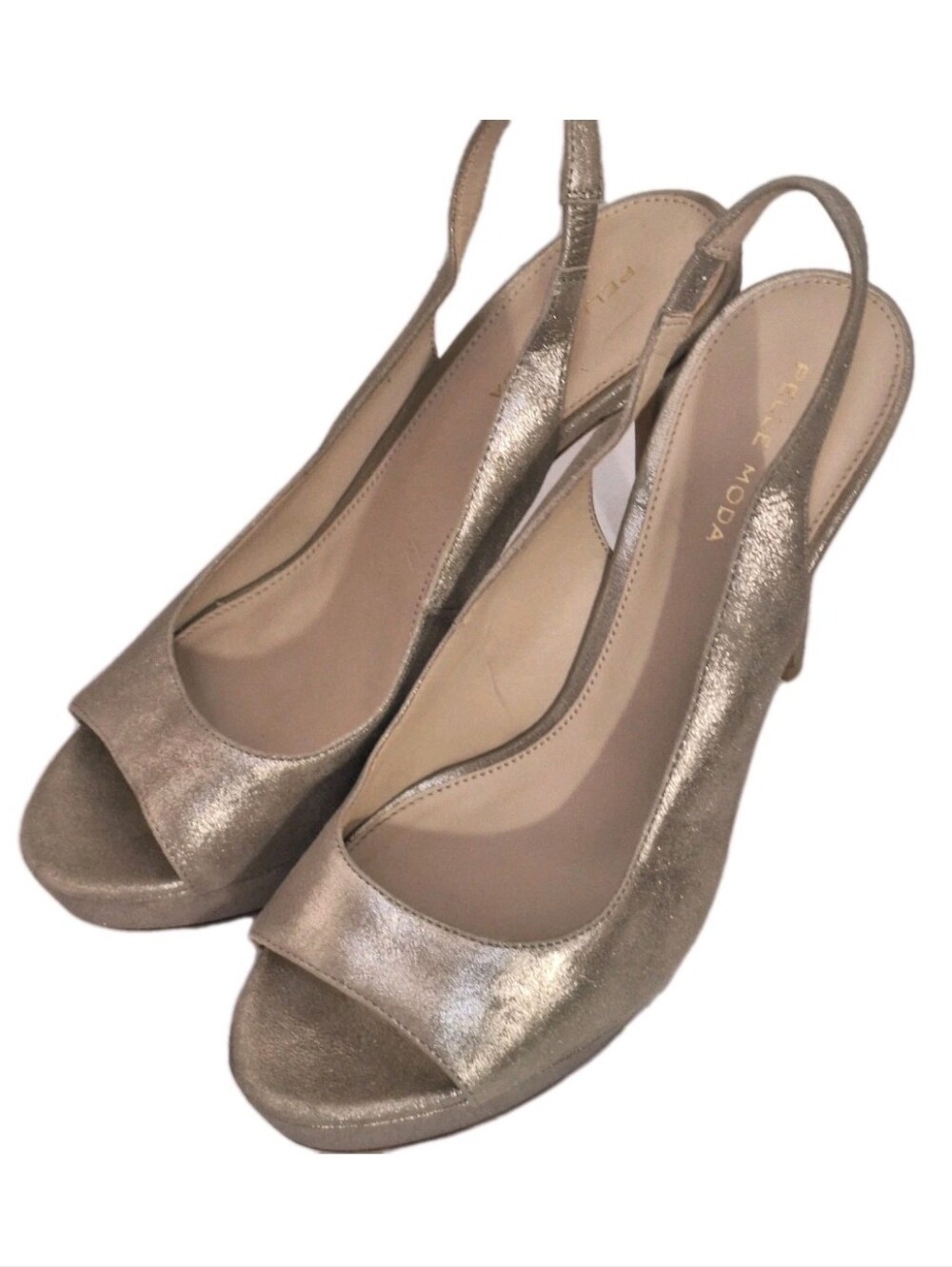 Pelle Moda Gold Metallic Glitter Open Toe Platform Pumps Shoes Womens 10 M